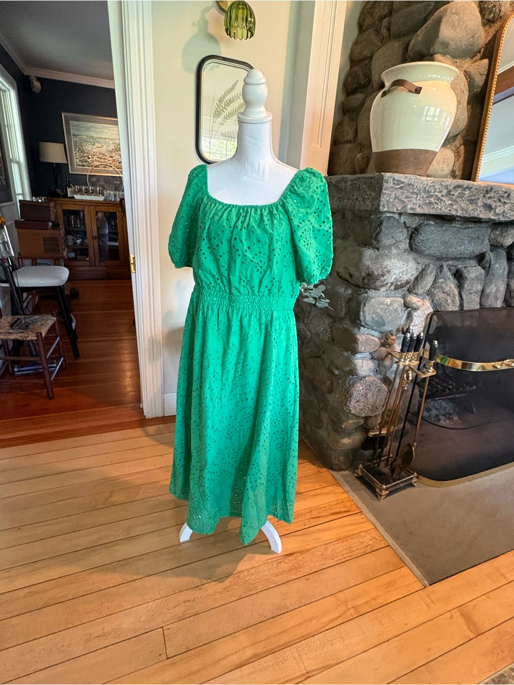 Grace Karin Green Eyelet Midi Dress with Puff Sleeves